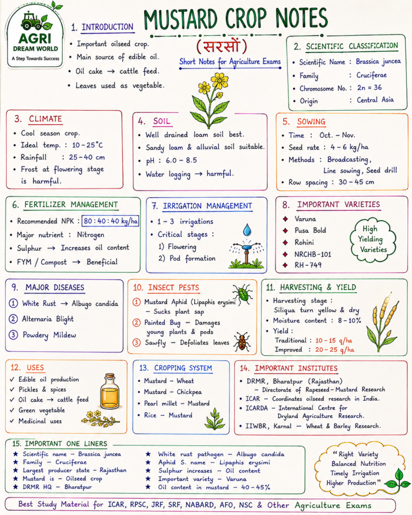 Handwritten Mustard Crop Notes for Agriculture Exams with important varieties, diseases, irrigation management, fertilizer management, and research institutes.