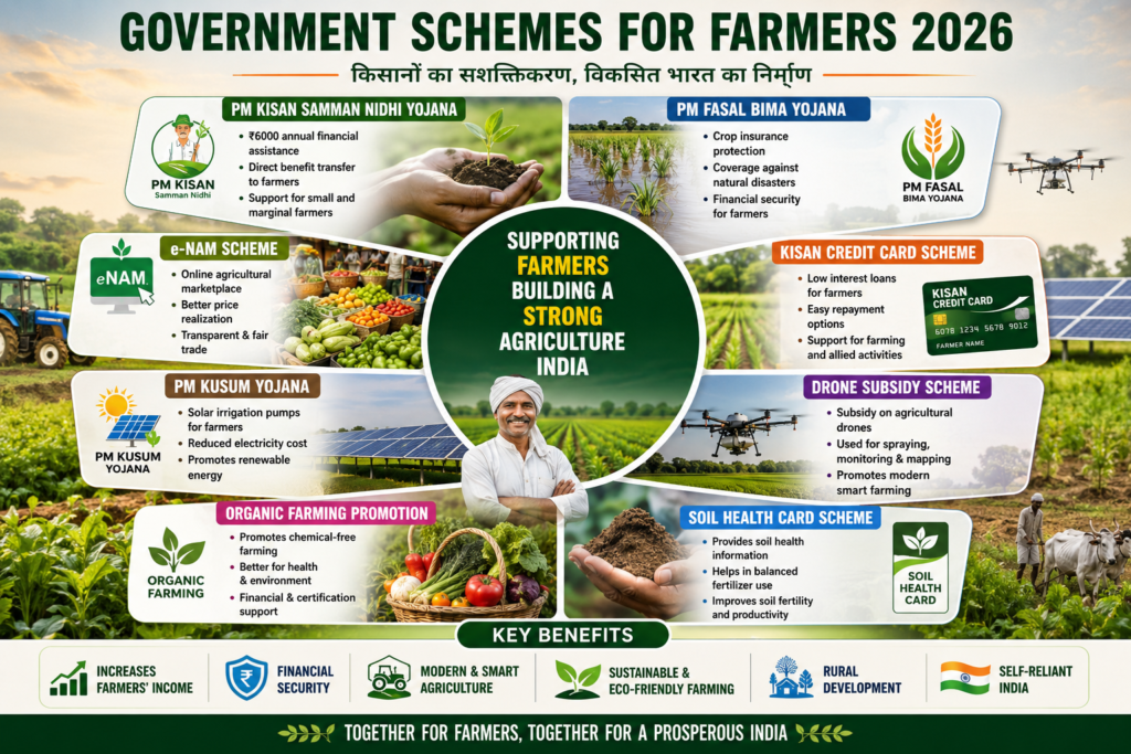 Government Schemes for Farmers 2026 including PM Kisan, PM Fasal Bima Yojana, KCC, Drone Subsidy and Organic Farming