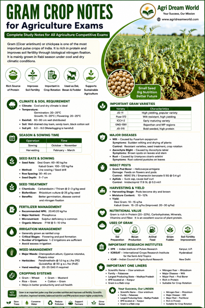 Gram Crop Notes for Agriculture Exams infographic with Agri Dream World logo, chickpea field, climate and soil requirements, nitrogen fixation, diseases, pulse research institutes, and important one-liner questions.