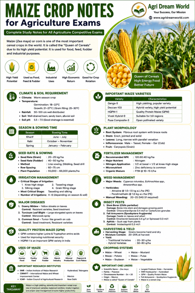 Maize Crop Notes for Agriculture Exams infographic with Agri Dream World logo, maize field, climate and soil requirements, QPM maize, diseases, maize research institutes, and important one-liner questions.