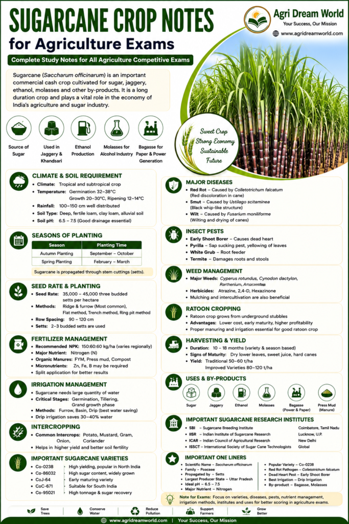 Sugarcane Crop Notes for Agriculture Exams infographic with Agri Dream World logo, sugarcane field, climate and soil requirements, ratoon cropping, irrigation management, diseases, and sugarcane research institutes.