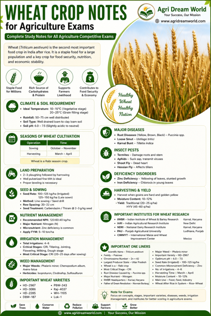 Wheat Crop Notes for Agriculture Exams infographic with Agri Dream World logo, wheat field, climate and soil requirements, irrigation management, diseases, wheat research institutes, and important one-liner questions.