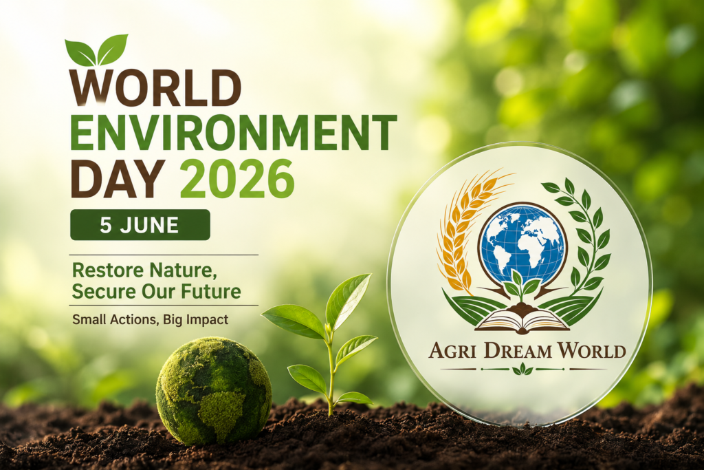 World Environment Day 2026 poster with Agri Dream World logo, green plants, globe, and sustainability message.