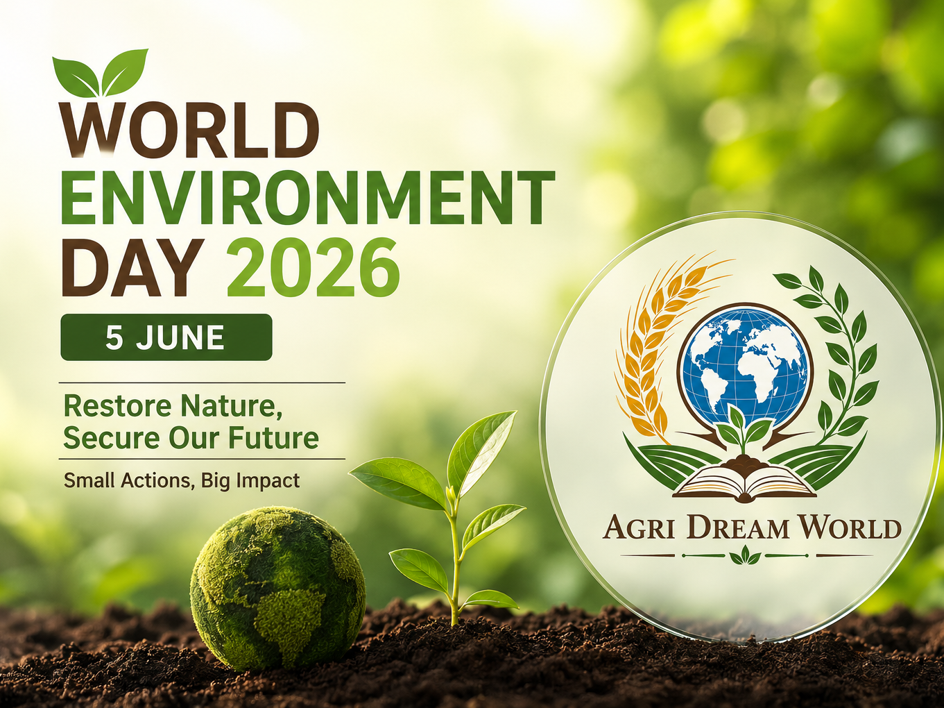 World Environment Day 2026 poster with Agri Dream World logo, green plants, globe, and sustainability message.