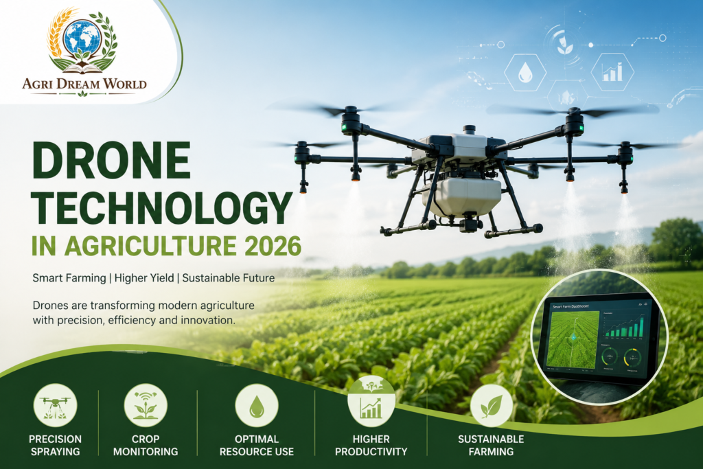 Drone Technology in Agriculture 2026 with Agri Dream World logo showing smart farming drone in crop field